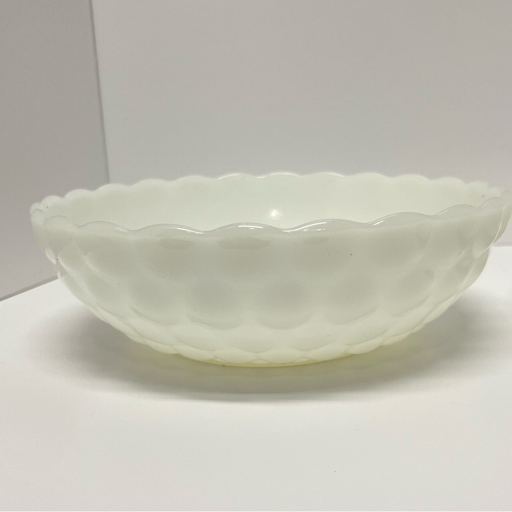 2 Vtg Anchor Hocking milk glass serving bowls- scalloped edge Bubble pattern